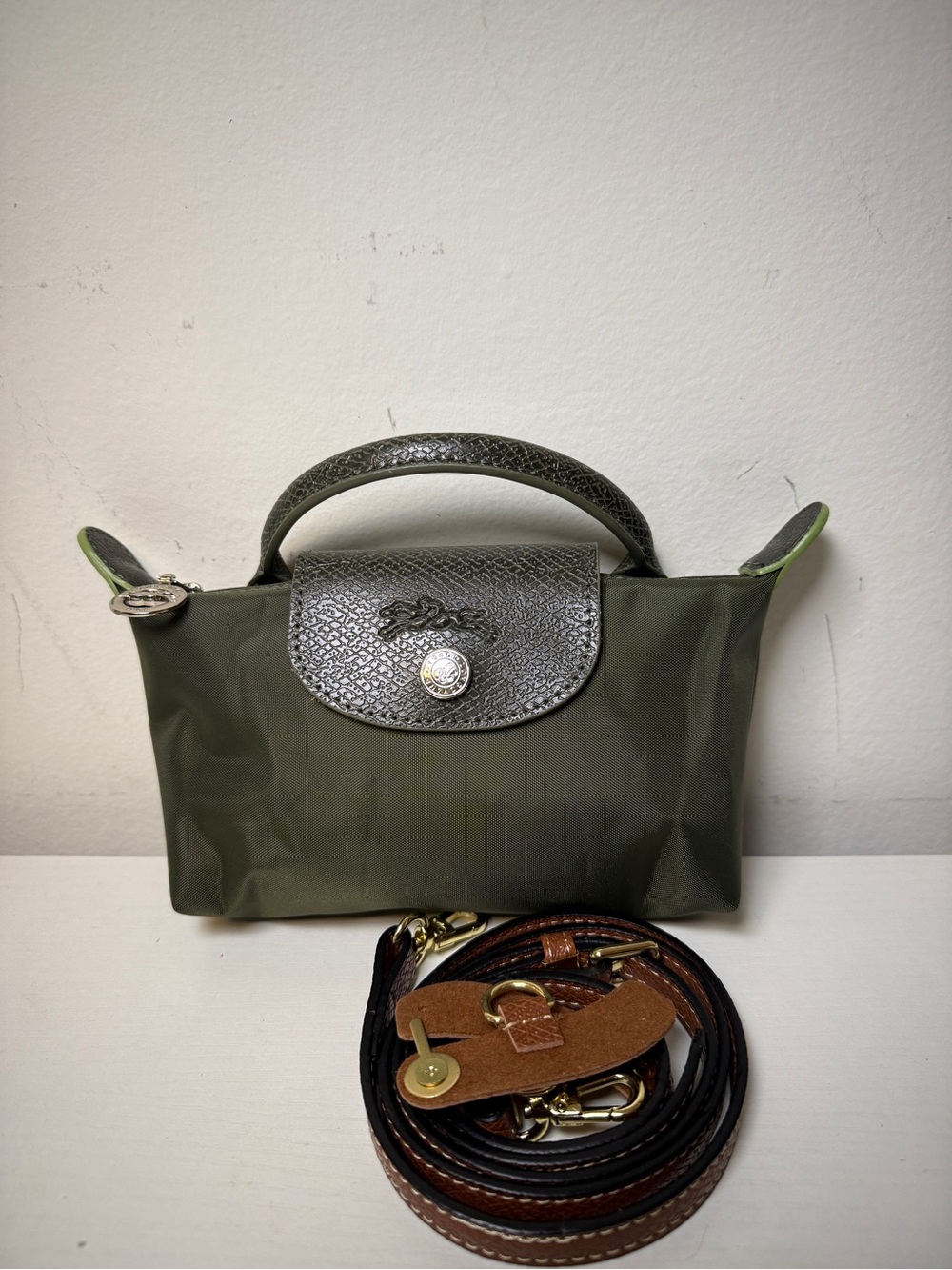 Longchamp Mini Top-Handle Bag in Olive Green with Dark Leather Trim